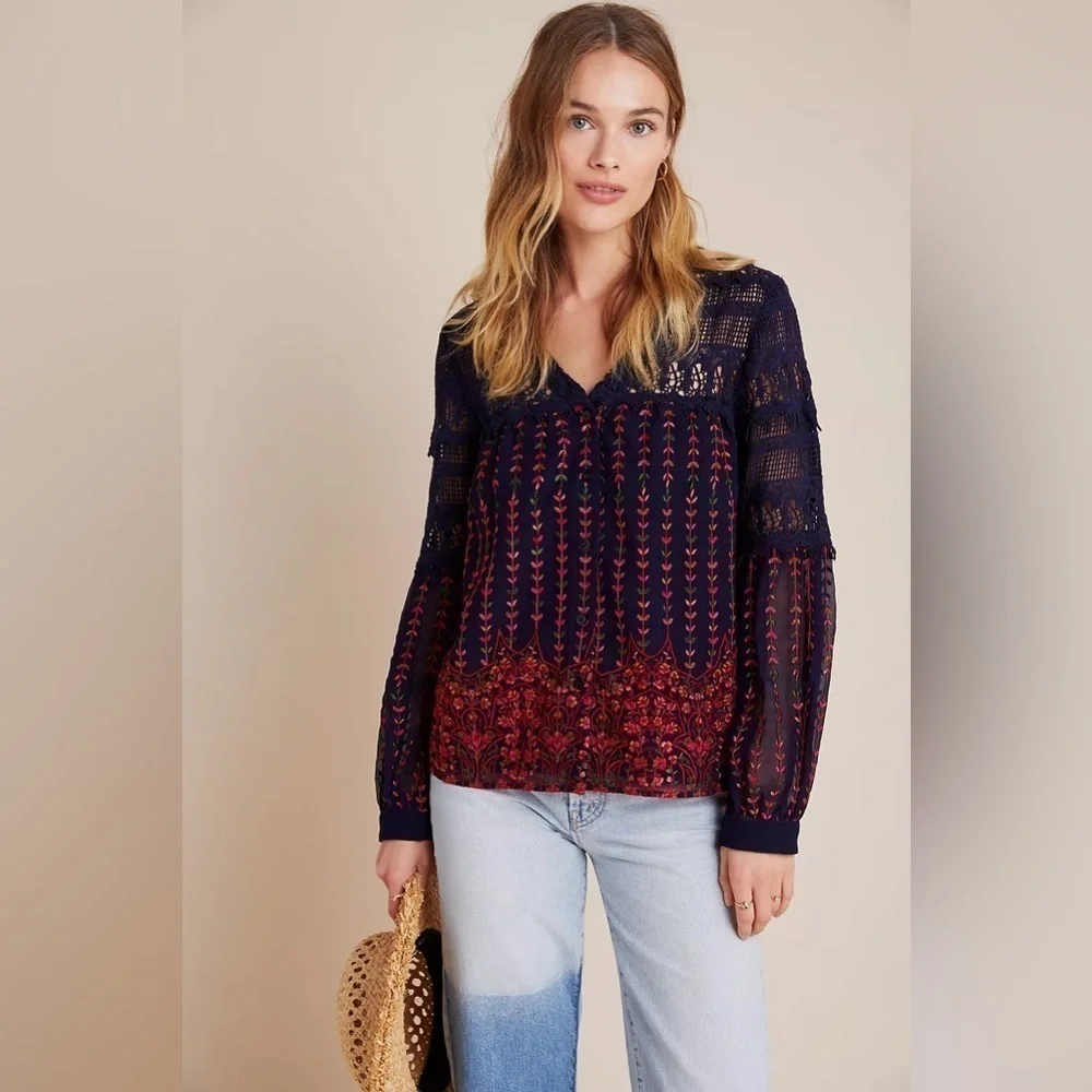 Anthropologie Anya Embroidered Peasant Blouse